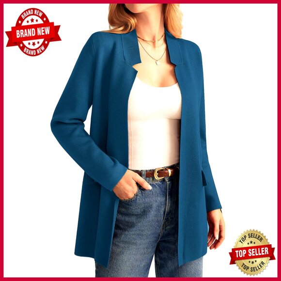Jackets & Blazers - Long Sleeve Open Front Knit Cardigan Blazer Relaxed Fit Mid-Thigh